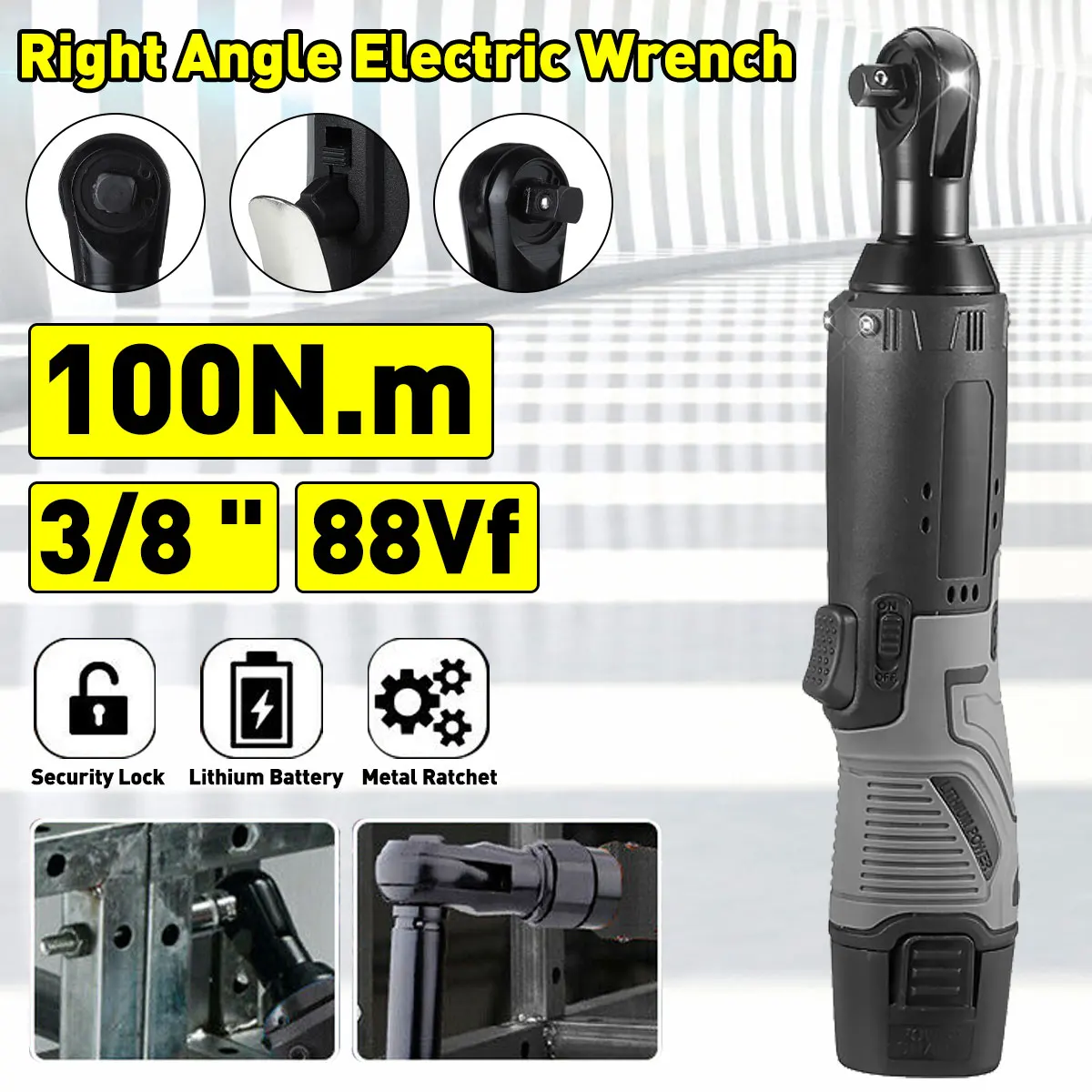 

Cordless Electric Wrench 12V 3/8" Ratchet Rechargeable Scaffolding 100N.m Right Angle Wrench Tool with 1/2 Battery Charger Kit