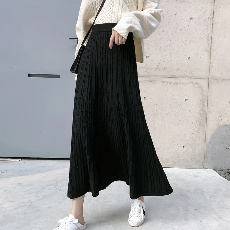 2019 зимняя женская трикотажная миди юбка в Корейском стиле однотонная Теплая с