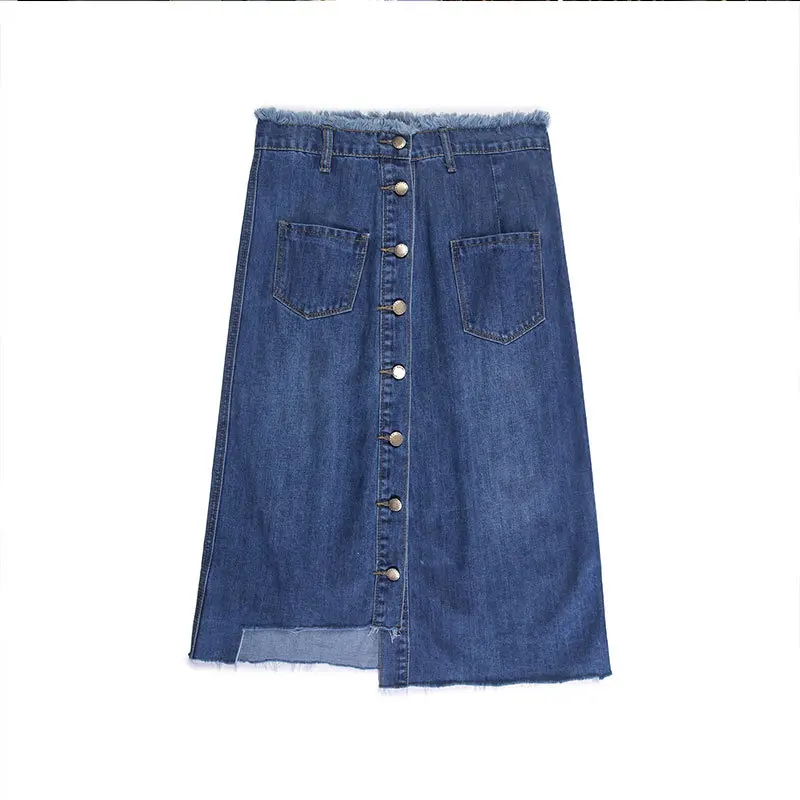 

Plus Size Jean Skirts Women Korean Style High Waist Asymmetrical Denim Skirt Women Vintage Single-breasted Cowboy Midi Skirt