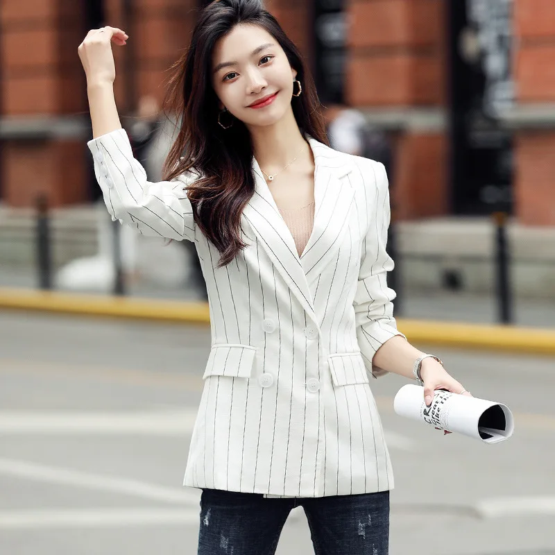 Женский блейзер в полоску белый офисный пиджак большого размера осень 2019 |