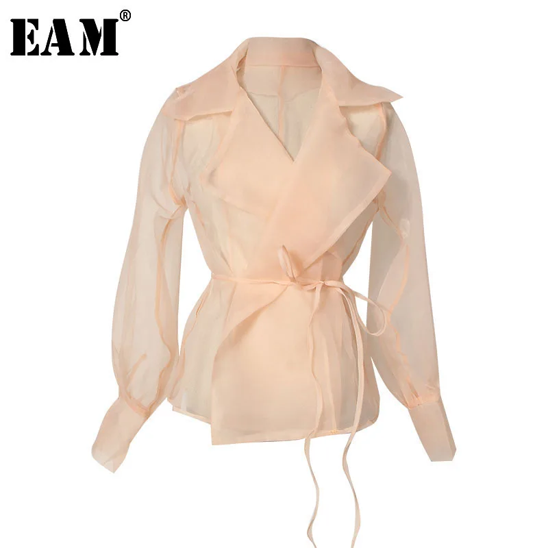 Женская блузка из органзы EAM свободная с отложным воротником и длинными рукавами