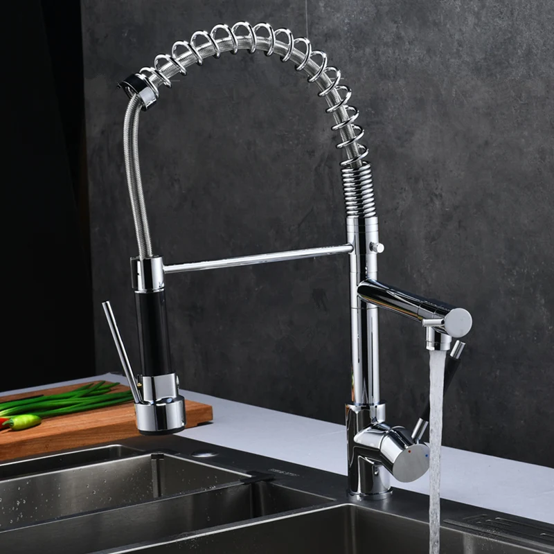 Хромированный кухонный смеситель с пружинным выдвижным краном 2 выпускных