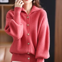 autumn and winter new woolen sweater womens polo collar puff sleeve thick coat chic lazy fashion knitted cardigan wholesale