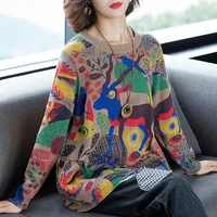 printed large size loose knit sweater female stretch long sleeve round neck cute wind bottoming jumpers pullovers women spring