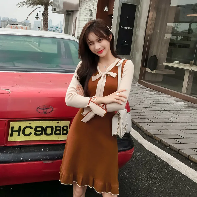 Новинка сезон осень-зима трикотажные платья с длинными рукавами в корейском