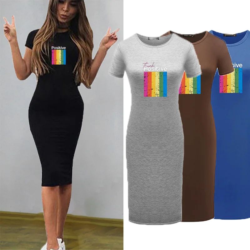 

Women Bodycon Dress Fashion Rainbow Striped Print Slim Package Hip Dresses Elegant Tunic Short Sleeve Summer Vesitdos