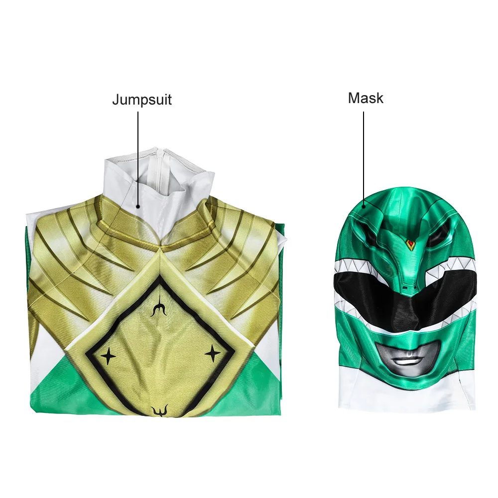 Adult Ranger Superheroes Tommy Green Ranger Jumpsuit Cosplay Costume Halloween Masquerade Bodysuit With Mask images - 6