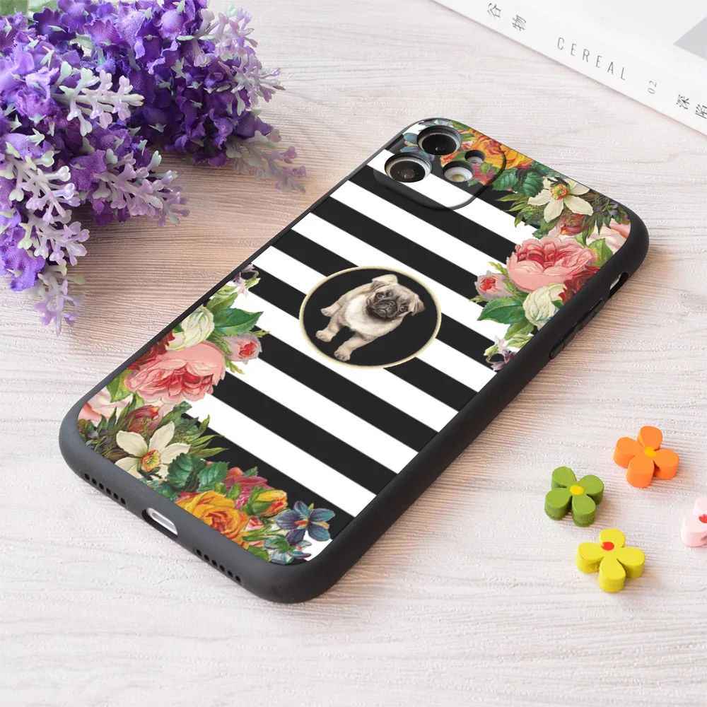 

For iPhone Pug Puppy On Vintage Flowers And Black And White Stripes Print Soft Matt Apple Case