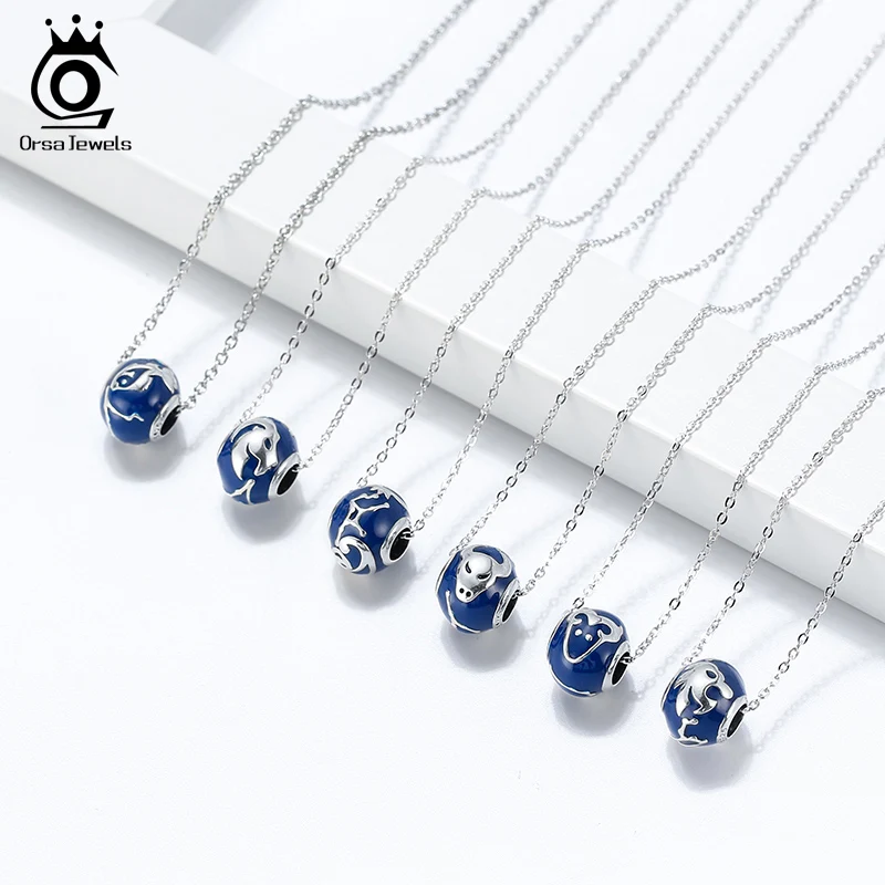 ORSA JEWELS S925 Стерлинговое Серебро 12 созвездий ожерелье s синяя эмаль DIY круглые бусы