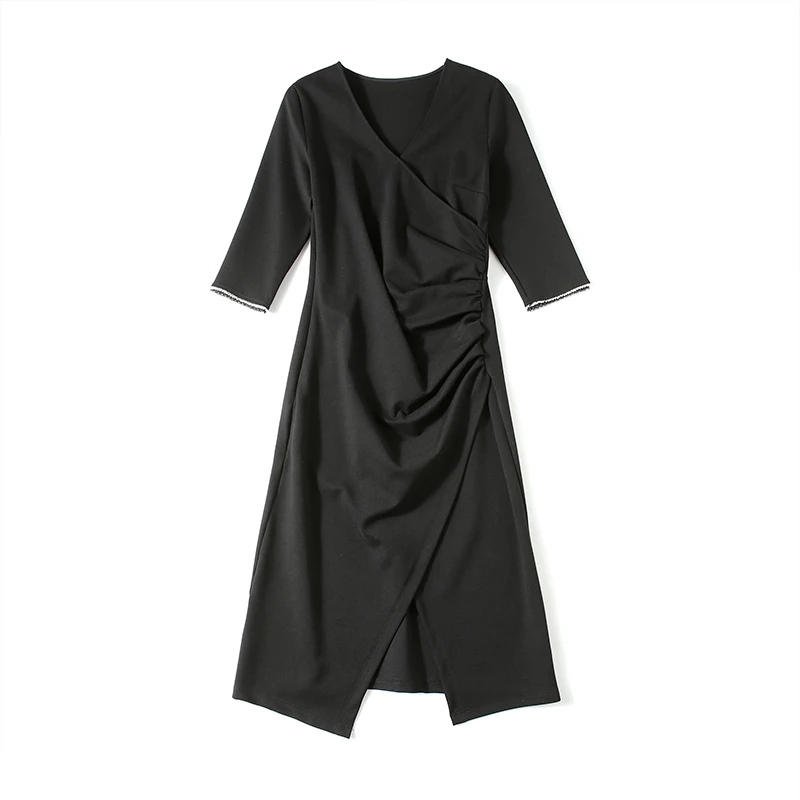 

New Elegant Women Slim Tunic Midi Dress Office Lady V-Neck Three Quarter Sleeve Split Dresses Party Clothing