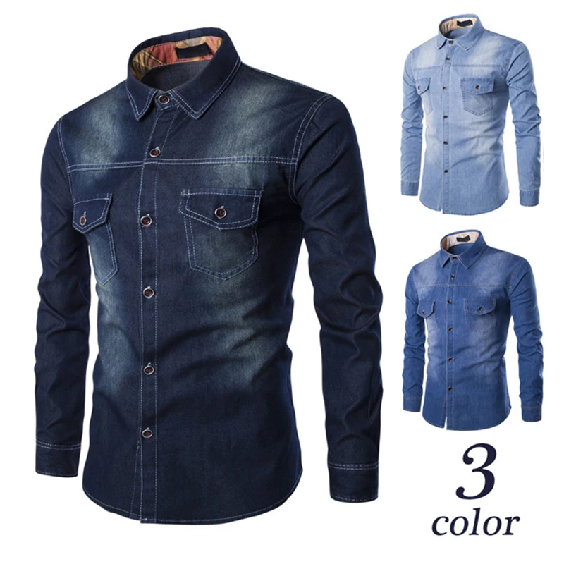 

Vogue Mens Denim Shirt Long Sleeve Plus Size Cotton Jeans Cardigan Casual Slim Fit Shirts Men Two-pocket Pops Clothing M-6XL