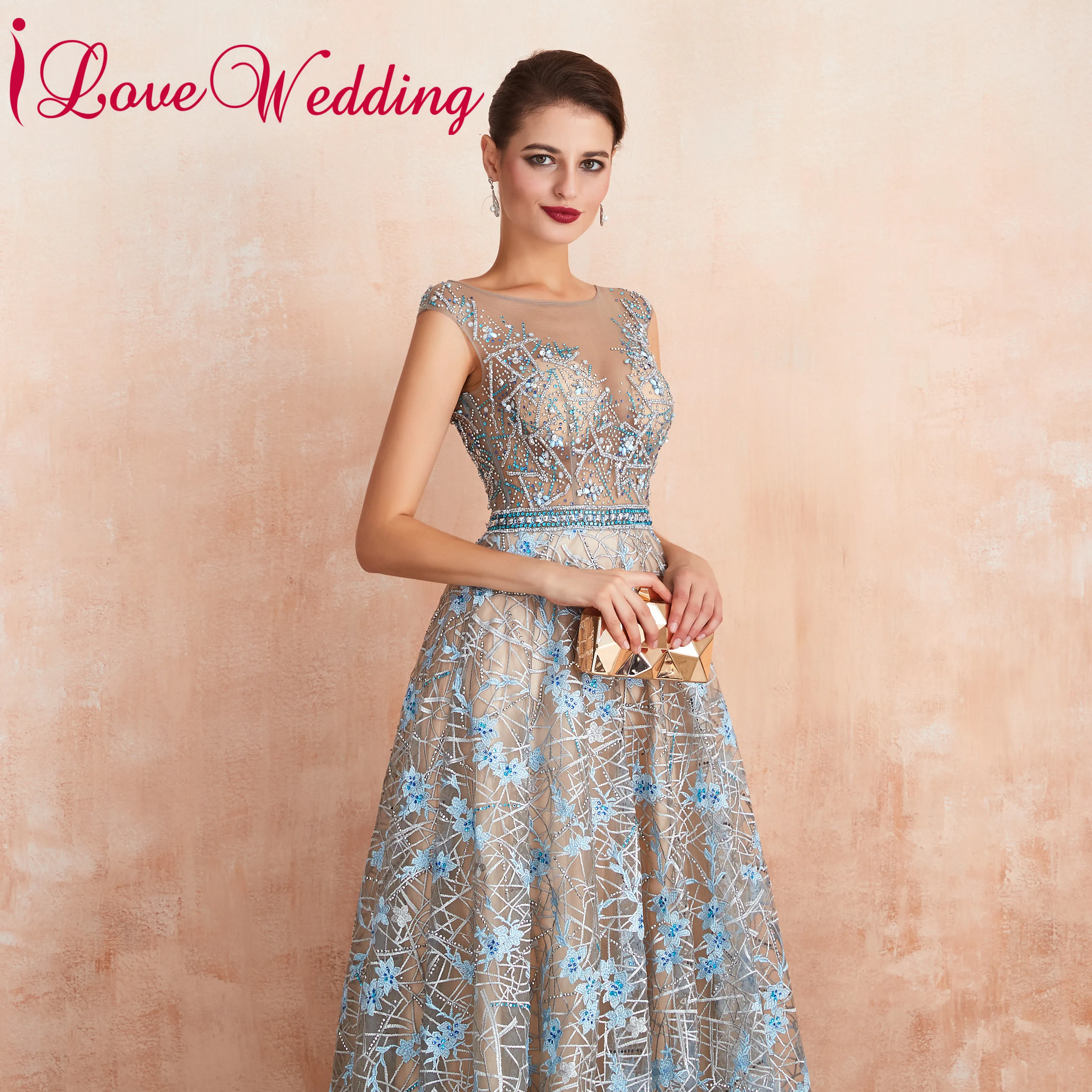 ILoveWedding длинное платье ТРАПЕЦИЕВИДНОЕ кружевное торжественное с кристаллами и