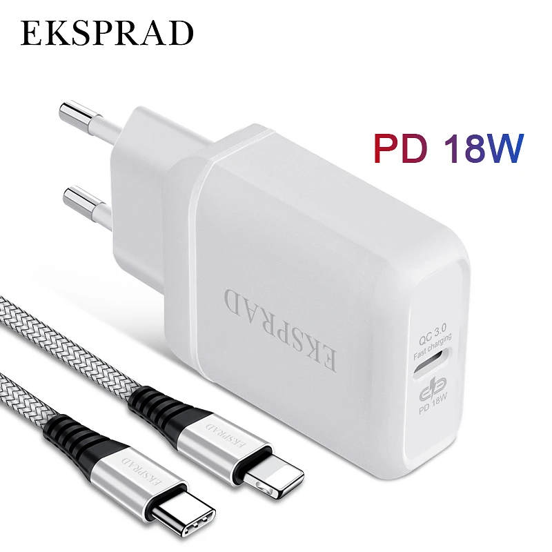EKSPRAD зарядное устройство для iPhone 18 Вт USB C PD 3 0 быстрое с кабелем ipad 11 настенное