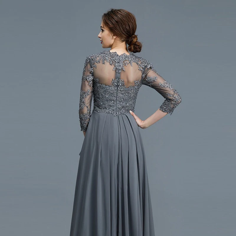 

Lace Mother of The Bride Dress O-neck Three Quarter Long Wedding Party Gowns A-line Chiffon Beading Mother Dresses for Wedding