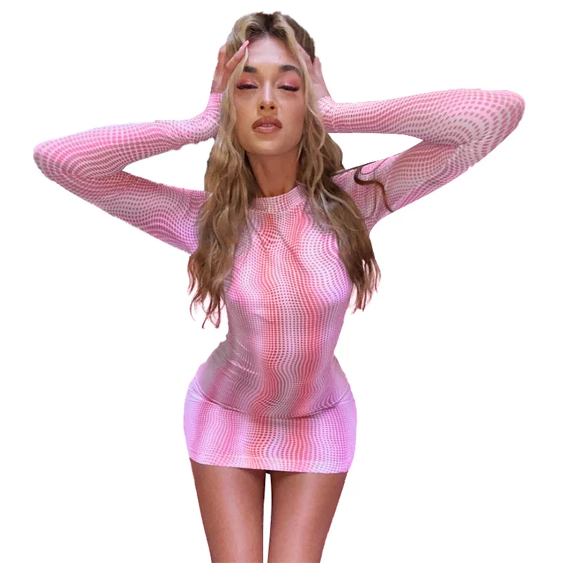 

Women Pink Mock Neck Striped Dress Tie Dye Long Sleeve Polka Dot Print Bodycon Slim Minidress Club Party Clothes 2021 Autumn