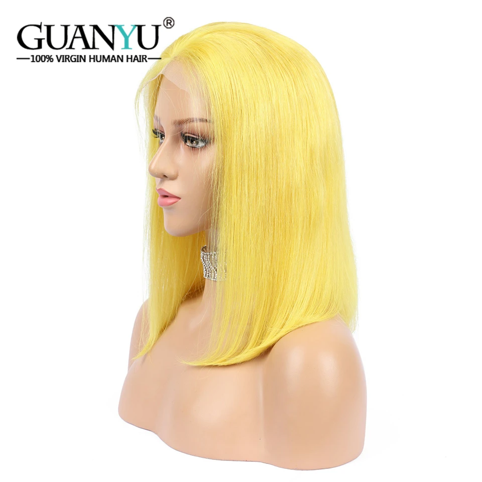 Guanyuhair, короткие светлые парики на кружеве, человеческие волосы, 13X4, предварительно выщипанные бразильские волосы remy, парик с детскими волосами желтого цвета