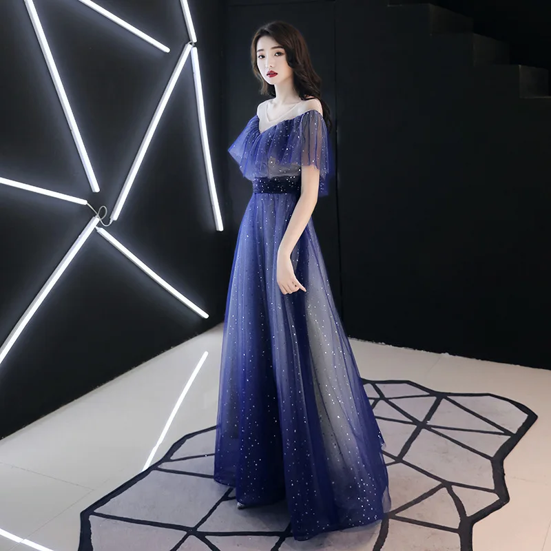 

3XL Lady Evening Party Dress Sweet Bling Floor-Length Skirt Starry Sky Banquet Pleated Dresses Winter Autumn Prom Gown