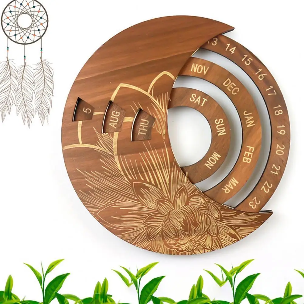 

Creative Adjustable Hand-Carved Round English Wooden Perpetual Wall Calendar