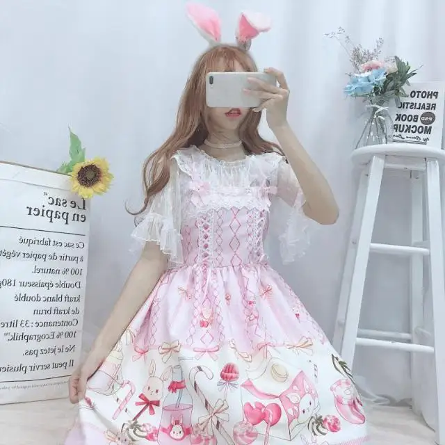 

Lolita Summer Leisure New Japanese Kawaii Design Toffee Rabbit Cute Printing Waist Lolita JSK Suspender Dress