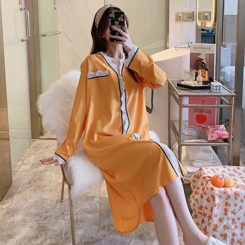 

Harajpee Sweet and Simple Pajamas Women's Spring and Autumn Ice Silk Nightdress Summer Thin Solid Princess Style Home Wear 2021