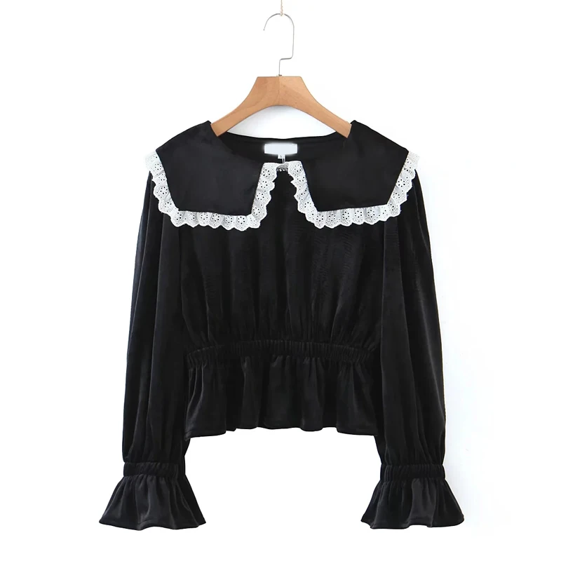 Aelegantmis Peter Pan Collar Velvet Casual Blouses Women Fashion Flared Sleeves Loose Clothes Adjustable Waist Black Chic Tops | Женская