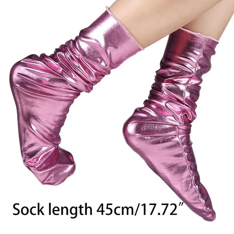 

2021 New Women Faux Patent Leather Loose Crew Socks Funny Shiny Metallic Wetlook Solid Color Warm Mid Tube Stockings Clubwear