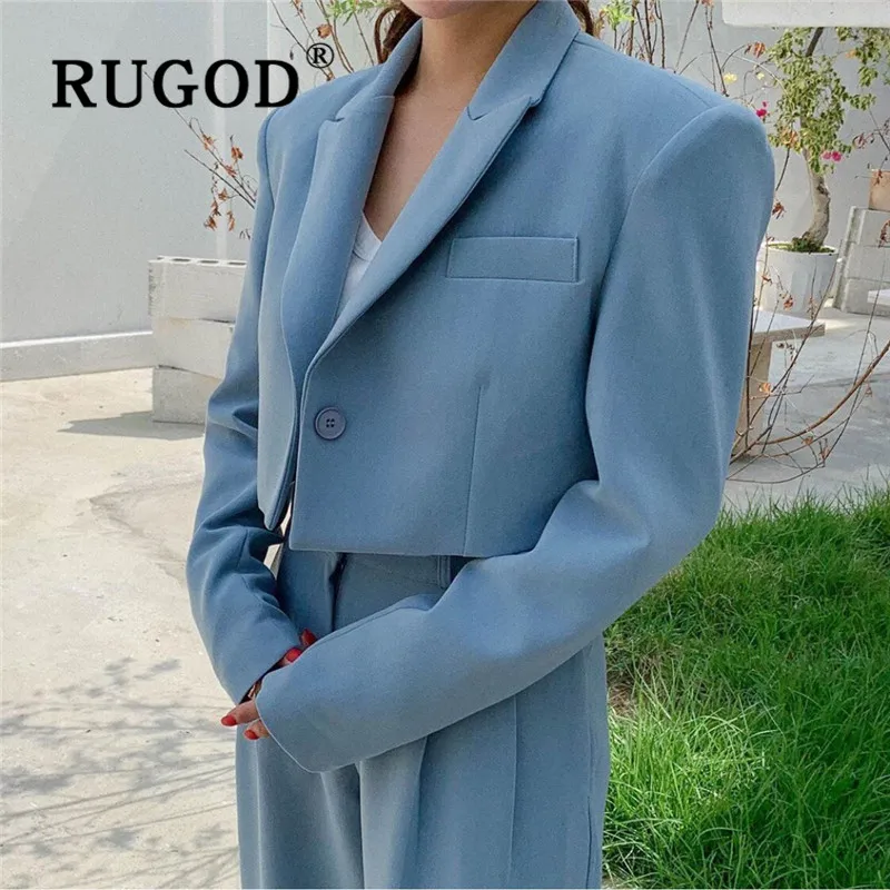 RUGOD, новинка, Осенний Блейзер, набор, зубчатый, на одной пуговице, короткая куртка, на пуговицах, тонкие брюки, модные, женские, элегантные, для офиса