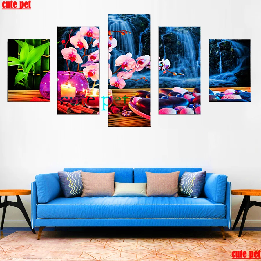 

5D Candle landscape falls DIY Diamond Embroidery Sticker Full Square diamond painting Mosaic Handmade large corridor decor 5PCS