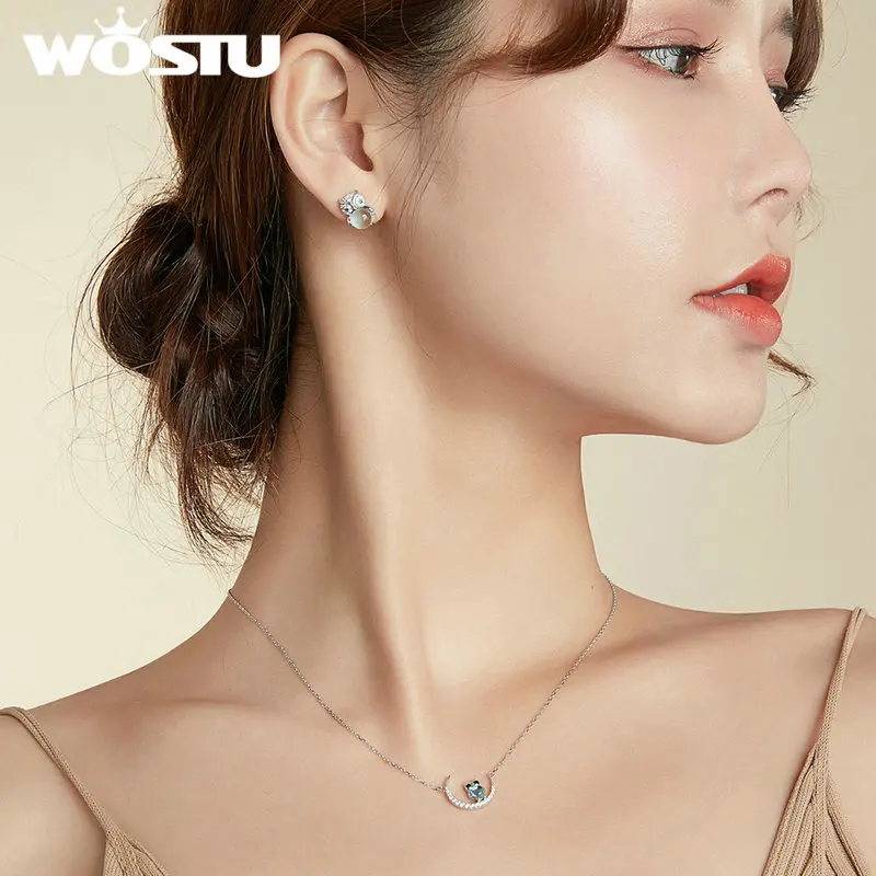 WOSTU 925 стерлингового серебра Луна и Сова ожерелье животная стеклянная длинные