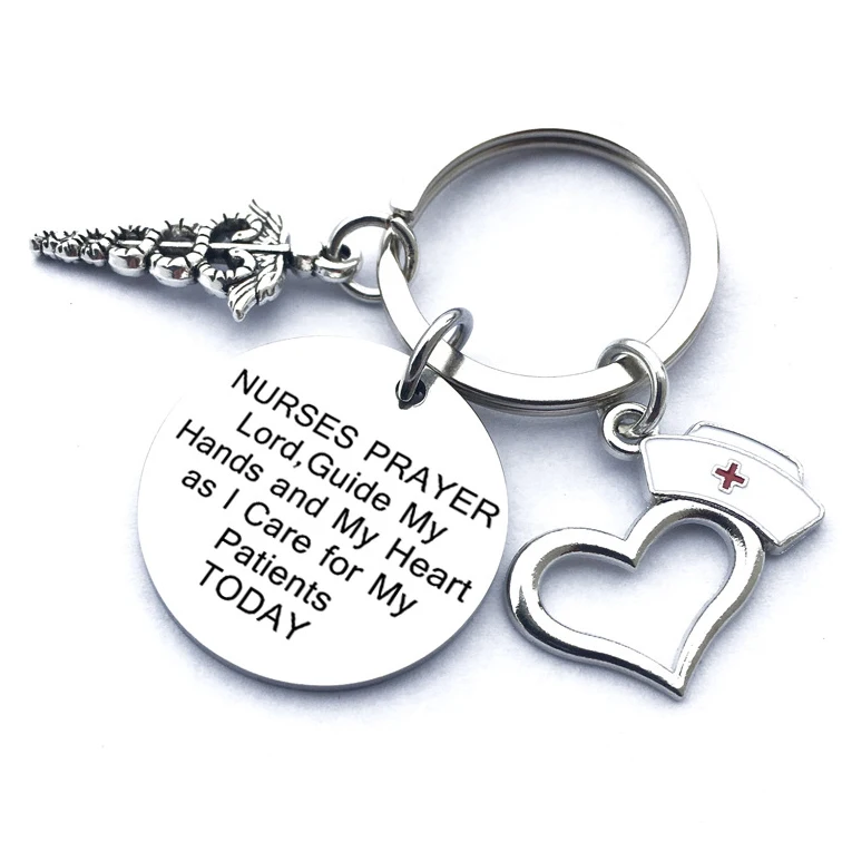 

Silver Stainless Steel Keychain for Nurses Key Ring with Nurse Hat/Cardiogram/Heart Wing And Blessings And Prayer Keychain 1pc