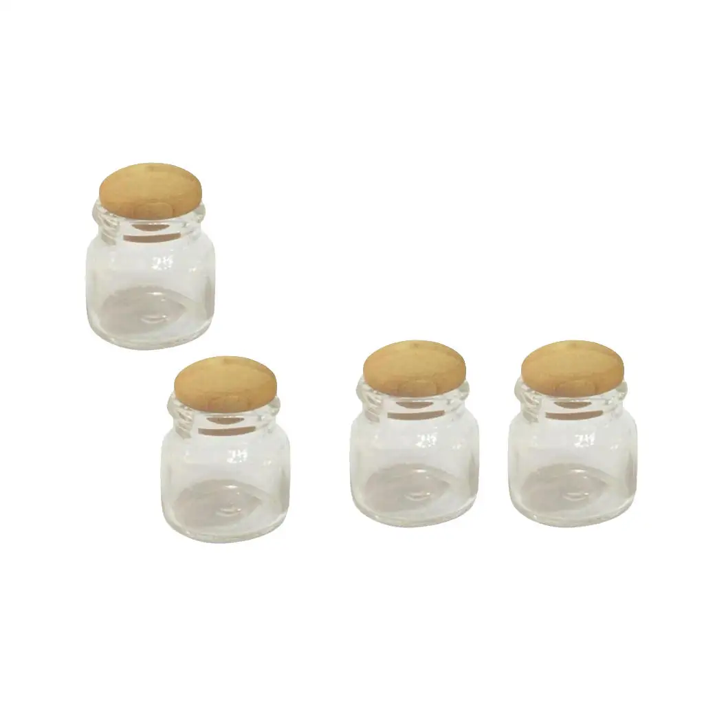

4p Glass Storage Jar Wooden Lid Dolls House Miniature Kitchen Accessory 1:12