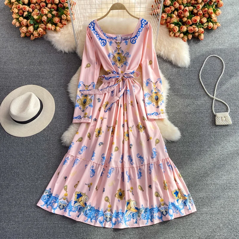 

Женское платье с квадратным вырезом, длинное облегающее платье с принтом, в Королевском Стиле, осень 2021