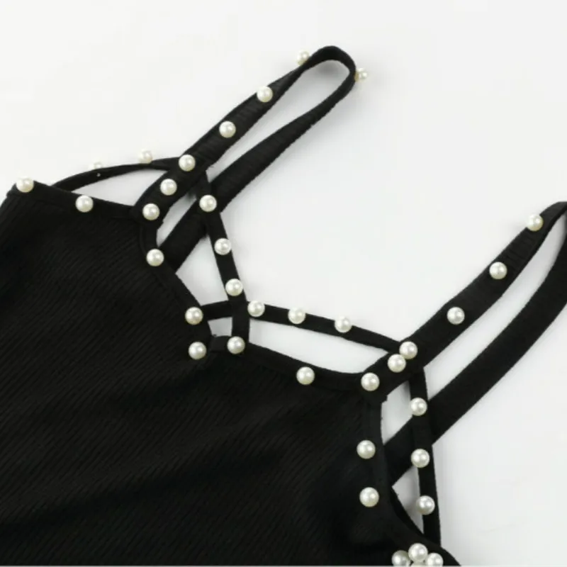 

New casual top ladies summer summer slim fit tight sexy V-neck beaded top sleeveless top ladies
