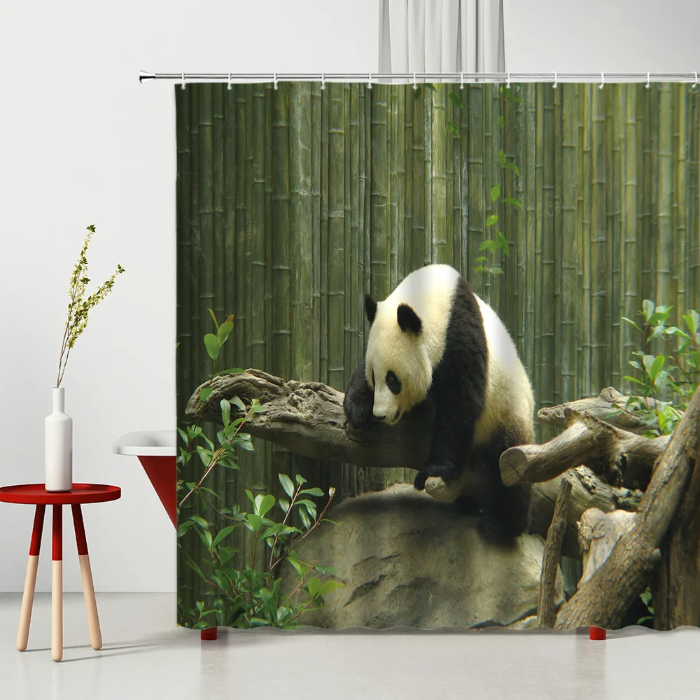 

3D Printing Cute Animal Shower Curtains with Hooks Panda Eating Bamboo Tiger Frog Bath Screen Polyester Bathroom Decoration Set