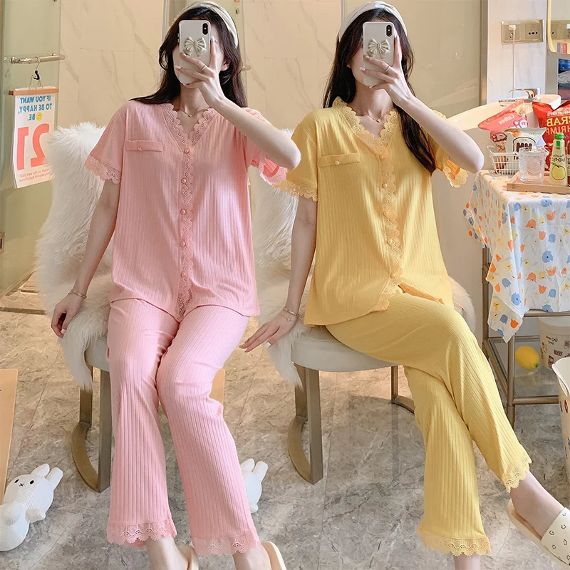 

2021 Summer Short Sleeve Long Pants Lace V-neck Pajama Sets for Women Cotton Sleepwear Suit Pyjama Homewear Pijama Mujer Clothes