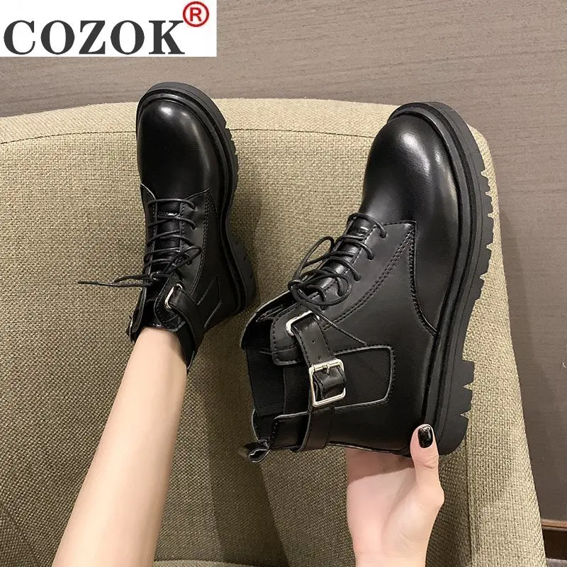 

COZOK Women's Mid Calf Boots Boots-women Round Toe Booties Ladies Autumn Shoes Low Heels booties Luxury Designer 2020 Rock