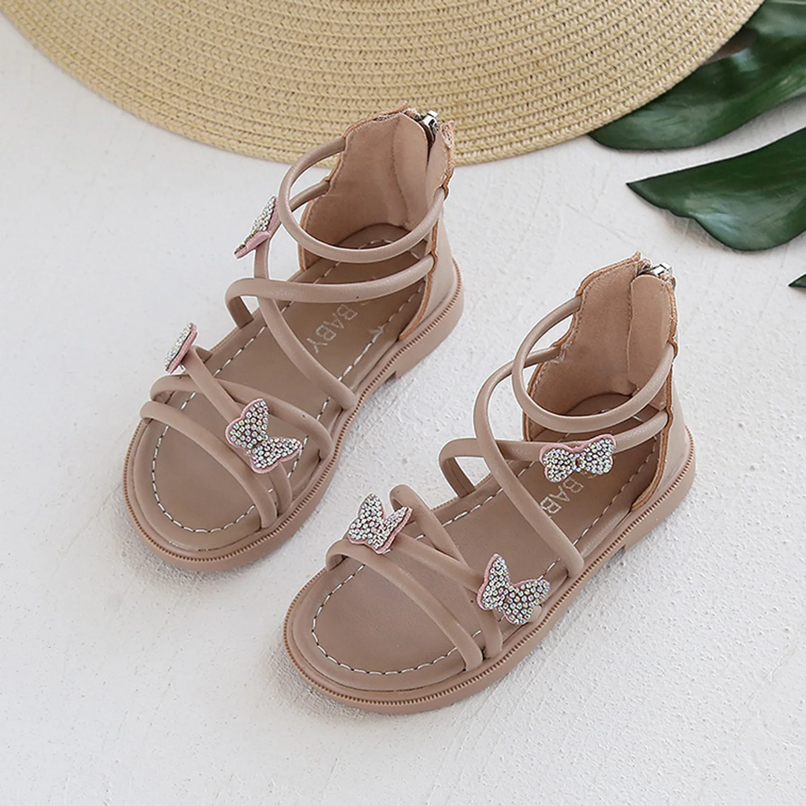 

Kids Bandage Shoes Sandals Summer Kids Girls Butterfly Crystal Princess Beach Shoes Soft-soled Non-slip High-top Sandals Roman