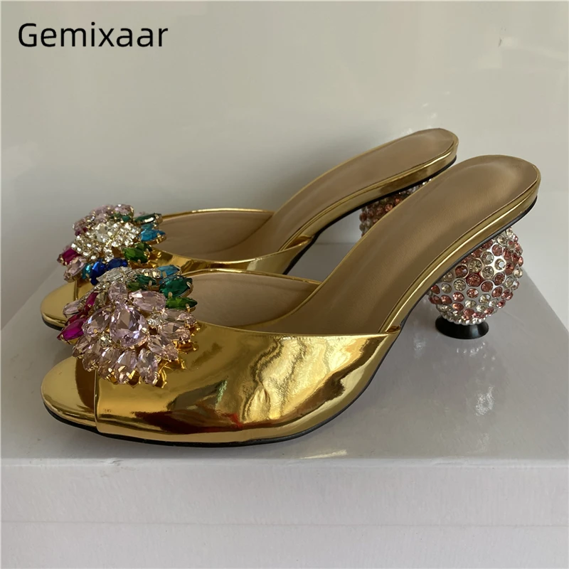 

Luxury Diamond Spherical Heel Sandals Women Patent Leather Peep Toe Slingbacks Colorful Rhinestone Flower Summer Mules