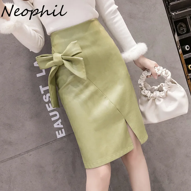 

Neophil Bow Women Pu Faux Leather Fashion Knee Length Skirts High Waist Empire 2022 Winter Casual Solid Sexy Female Skirt S9728
