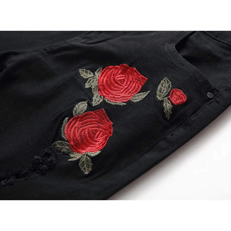 

Mens Ripped Jeans Embroidery Rose Men Jeans Light Blue Slim Fit Stretch Denim Skinny Black Pants Wash Straight Denim Pants 42