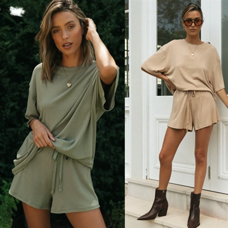

Модный новый Повседневный однотонный свободный женский костюм, топ с полурукавом и круглым вырезом, женский костюм из двух предметов
