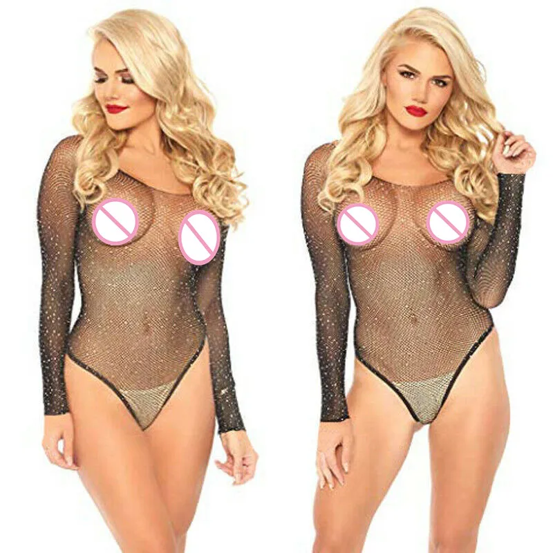 Сексуальное женское платье с длинным рукавом в крупную сеточку Стразы боди Топы