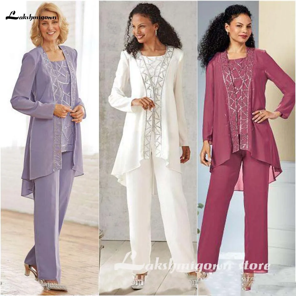 Lavender Beaded Mother Of The Bride Pant Suits Jewel Neck Sequined Formal Wedding Guest Dress With Jackets Plus Size Mothers Gro