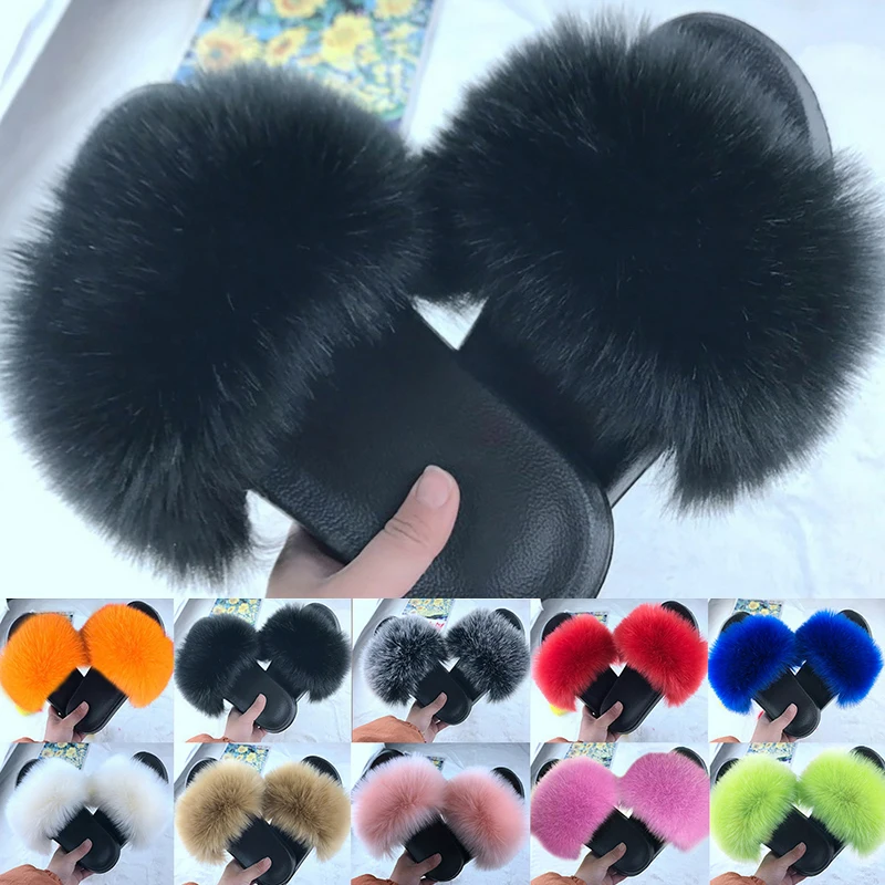 

2021 Women Furry Slippers Ladies Shoes Cute Plush Fox Hair Fluffy Sandals Women's Fur Slippers Winter Warm Slippers Women