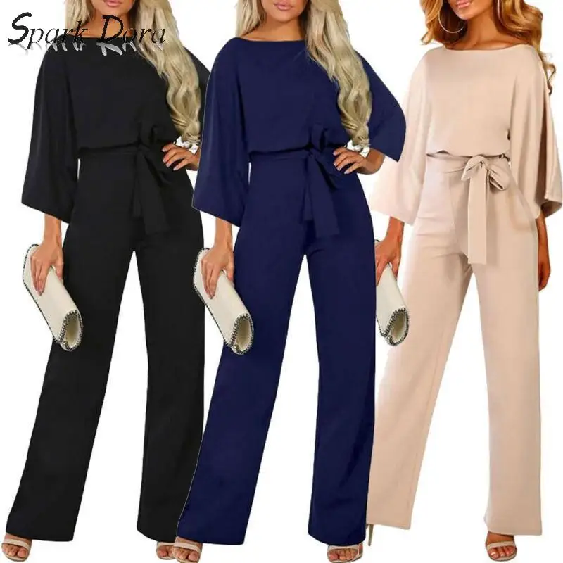 

SparkDora 2019 Female Fashion Jumpsuits Women Autumn Cotton Long Sleeve Bow Belt Casual Loose Romper Trousers Ladies Pants New