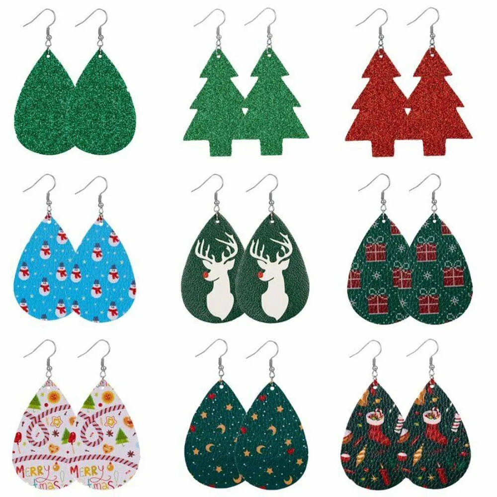 Женские кожаные серьги в форме капли с принтом рождественской елки лося снежинки