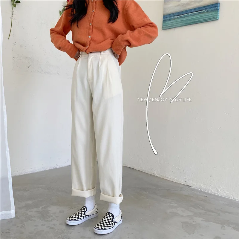 

Wide-leg Pants Women Thick Fall Basic Solid Simple High Waist Teens Korean Trousers Casual Corduroy Chic Popular Femme Bottom