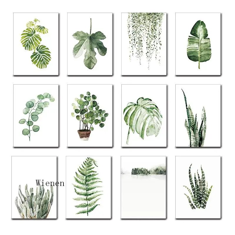 

Nordic Poster Watercolor Green Plants Wall Art Canvas Painting Green Leaves Wall Decor Pictures for Living Room Modern Home