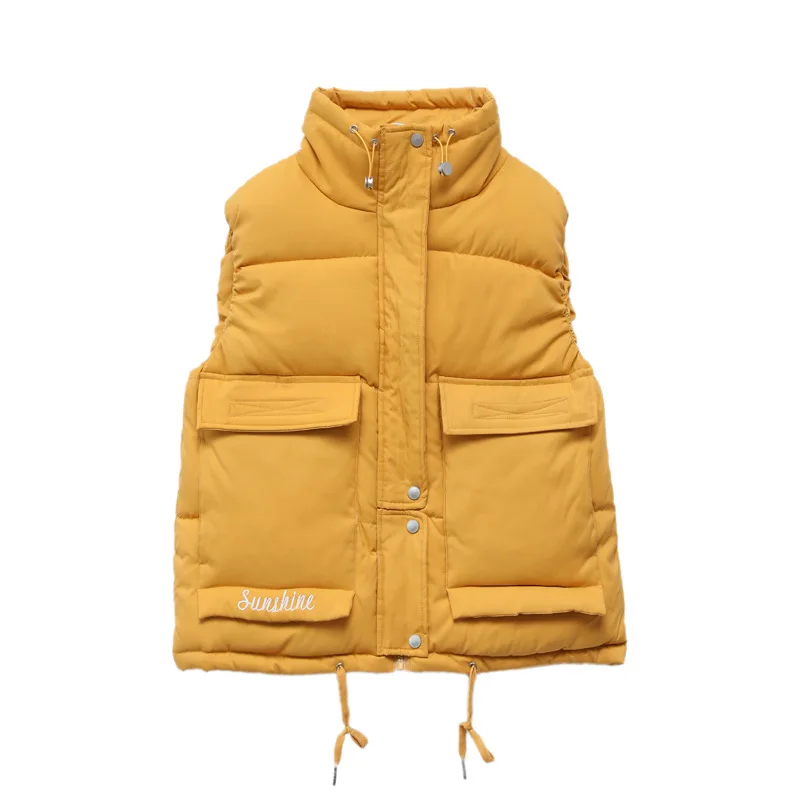 

Girls Winter Vest Yellow Puffy Sleeveless Jacket Women Zip Up Top Thick Quilted Jacket Female Short Cropped Vest Streetwear Coat