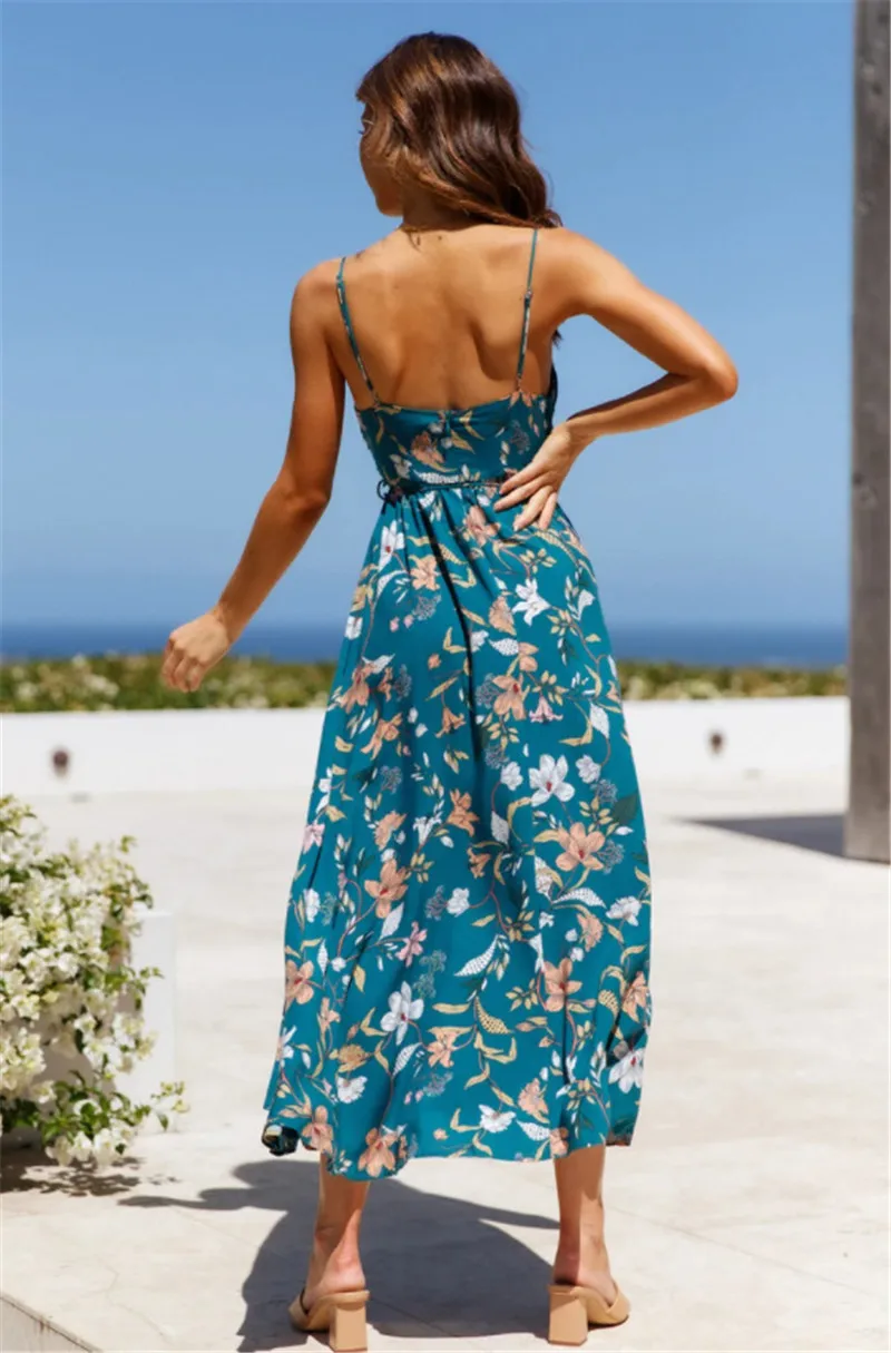 

Elegant Bohemia Sleeveless Long Robe Women Summer New Style V-Neck Backless Sling Print Beach Vintage Party Maxi Dress Vestidos